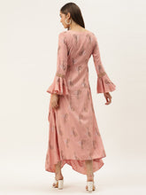 Load image into Gallery viewer, Bell sleeve printed long dress with front drape