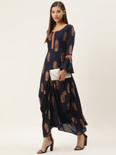 Load image into Gallery viewer, Bell sleeve printed long dress with front drape