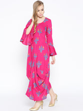 Load image into Gallery viewer, Bell Sleeve ikat print Long dress with front drape