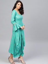 Load image into Gallery viewer, Bell sleeve printed long dress with front drape