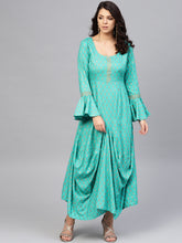 Load image into Gallery viewer, Bell sleeve printed long dress with front drape