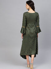 Load image into Gallery viewer, Bell sleeve printed long dress with front drape