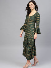 Load image into Gallery viewer, Bell sleeve printed long dress with front drape