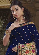 Load image into Gallery viewer, Denim Blue Woven Paithani Banarasi Silk Saree