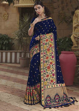 Load image into Gallery viewer, Denim Blue Woven Paithani Banarasi Silk Saree