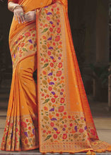 Cargar imagen en el visor de la galería, Carrot Orange Woven Paithani Banarasi Silk Saree