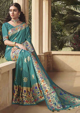 Load image into Gallery viewer, Teal Blue Woven Paithani Banarasi Silk Saree