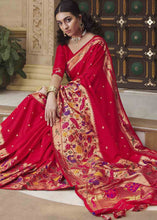 Load image into Gallery viewer, Crimson Red Woven Paithani Banarasi Silk Saree
