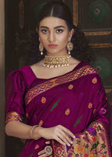 Load image into Gallery viewer, Sangria Purple Woven Paithani Banarasi Silk Saree