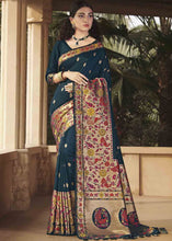 Load image into Gallery viewer, Prussian Blue Woven Paithani Banarasi Silk Saree