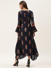 Load image into Gallery viewer, Bell sleeve printed long dress with front drape