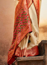 Load image into Gallery viewer, Parchment White Woven Banarasi Patola Silk Saree with Embroidered Blouse