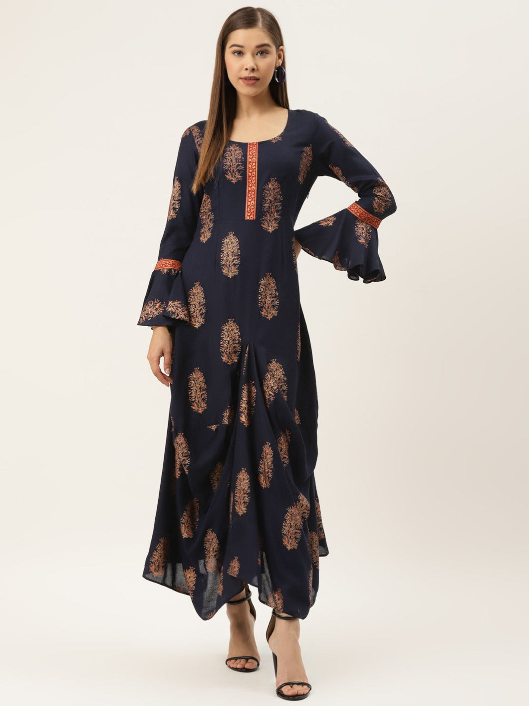 Bell sleeve printed long dress with front drape