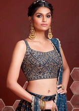 Load image into Gallery viewer, Dark Blue Floral Printed Chinon Silk Lehenga Choli with Sequins &amp; Mirror work