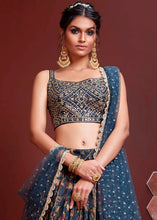 Load image into Gallery viewer, Dark Blue Floral Printed Chinon Silk Lehenga Choli with Sequins &amp; Mirror work