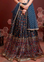 Load image into Gallery viewer, Dark Blue Floral Printed Chinon Silk Lehenga Choli with Sequins &amp; Mirror work