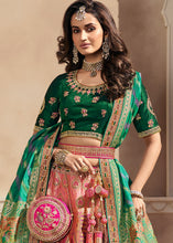 Carica l'immagine nel visualizzatore Galleria,Pink &amp; Green Heavy Embroidery Banarasi Silk lehenga Choli