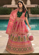 Carica l'immagine nel visualizzatore Galleria,Pink &amp; Green Heavy Embroidery Banarasi Silk lehenga Choli