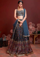 Load image into Gallery viewer, Dark Blue Floral Printed Chinon Silk Lehenga Choli with Sequins &amp; Mirror work