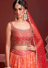Load image into Gallery viewer, Shades Of Red Floral Printed Organza Silk Lehenga Choli with Swarovski &amp; Mirror work