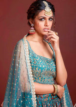 Load image into Gallery viewer, Azure Blue Floral Printed Chinon Silk Lehenga Choli with Sequins &amp; Mirror work