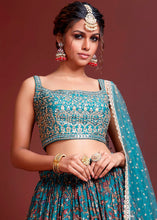Load image into Gallery viewer, Azure Blue Floral Printed Chinon Silk Lehenga Choli with Sequins &amp; Mirror work