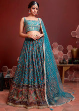 Load image into Gallery viewer, Azure Blue Floral Printed Chinon Silk Lehenga Choli with Sequins &amp; Mirror work