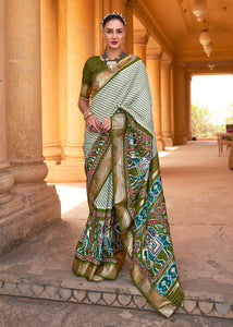 Olive Green Designer Patola Silk Saree with Zari Border & Stone work(Pre-Order)