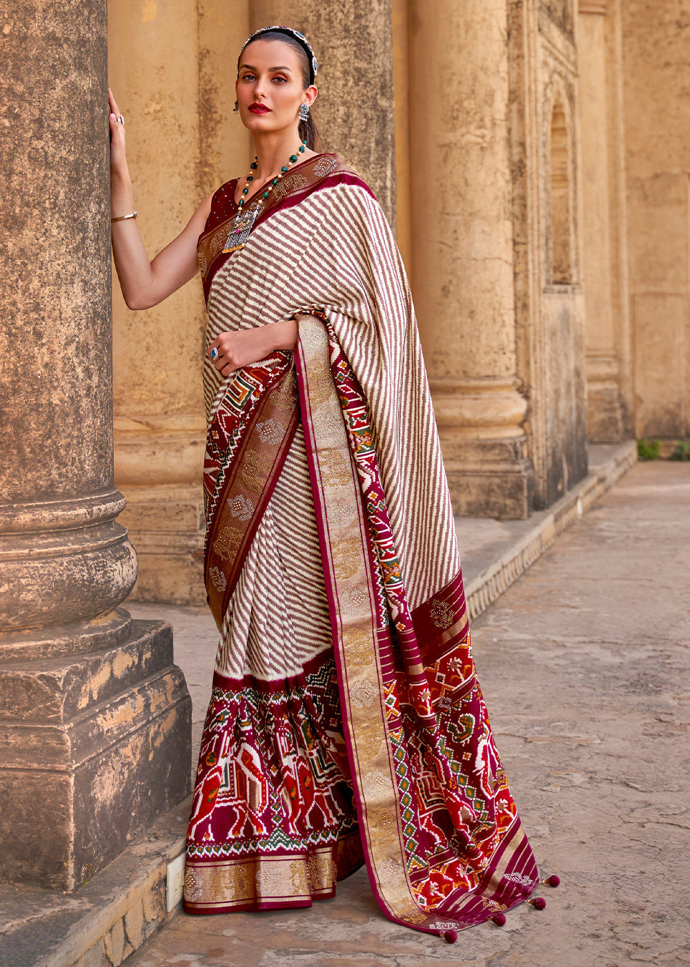 Mahogany Red Designer Patola Silk Saree with Zari Border & Stone work(Pre-Order)