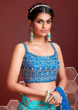 Load image into Gallery viewer, Shades Of Blue Floral Printed Chinon Silk Lehenga Choli with Embroidery &amp; Mirror work
