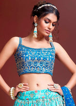 Load image into Gallery viewer, Shades Of Blue Floral Printed Chinon Silk Lehenga Choli with Embroidery &amp; Mirror work