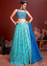 Load image into Gallery viewer, Shades Of Blue Floral Printed Chinon Silk Lehenga Choli with Embroidery &amp; Mirror work