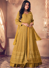 Load image into Gallery viewer, Mustard Yellow Georgette Front Slit Cut lehenga Suit with Embroidery work