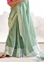 Carica l&#39;immagine nel visualizzatore Galleria,Viridian Green Soft Linen Silk Saree with Lucknowi work and Sequence Blouse