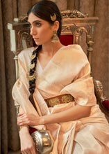 Load image into Gallery viewer, Parchment White &amp; Golden Zari Woven Kanjivaram Silk Saree with Tassels on Pallu