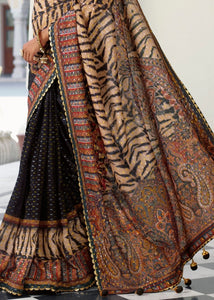 Brown & Black Digital Print Silk Saree