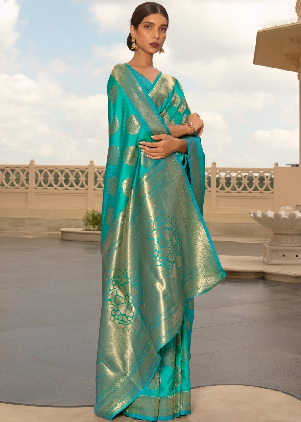 Tiffany Blue Woven Soft Kanjivaram Silk Saree with overall Butti work
