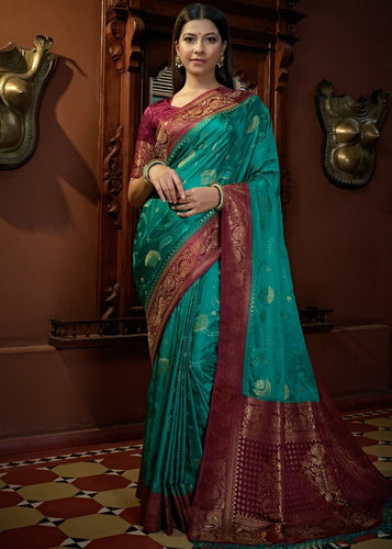 Turkish Blue Designer Satin Silk Saree