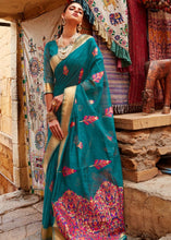 Laden Sie das Bild in den Galerie-Viewer, Pine Green Linen Silk Saree with Colorful Weaving work