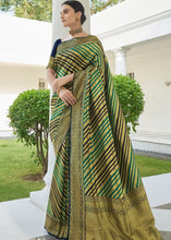 Load image into Gallery viewer, Navy Blue &amp; Green Striped Woven Banarasi Silk Saree