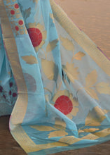 Cargar imagen en el visor de la galería, Azure Blue Woven Linen Silk Saree with Floral Motif on Pallu and Border