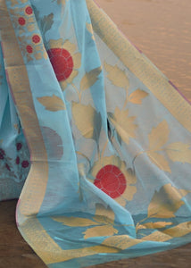 Azure Blue Woven Linen Silk Saree with Floral Motif on Pallu and Border