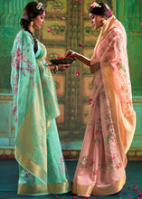 Laden Sie das Bild in den Galerie-Viewer, Caribbean Green Zari Woven Linen Silk Saree Having Floral Digital Print