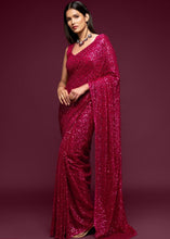 Carica l&#39;immagine nel visualizzatore Galleria,Magenta Pink Sequins &amp; Thread Embroidered Designer Georgette Saree