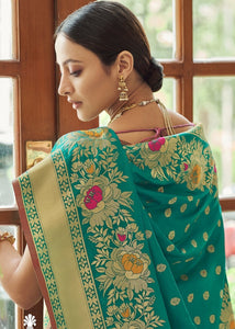 Tiffany Blue Zari Butta Woven Banasari Silk Saree