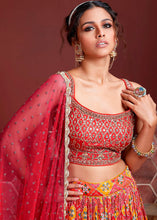 Load image into Gallery viewer, Red &amp; Orange Bandhani Printed Chinon Silk Lehenga Choli with Embroidery &amp; Mirror work