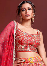 Load image into Gallery viewer, Red &amp; Orange Bandhani Printed Chinon Silk Lehenga Choli with Embroidery &amp; Mirror work