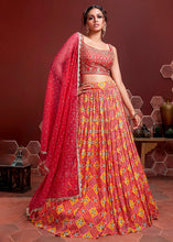 Load image into Gallery viewer, Red &amp; Orange Bandhani Printed Chinon Silk Lehenga Choli with Embroidery &amp; Mirror work