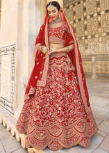 Load image into Gallery viewer, Crimson Red Velvet Lehenga Choli with Heavy Embroidery Work