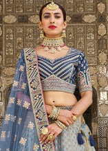 Load image into Gallery viewer, Shades Of Blue Velvet Lehenga Choli with Heavy Embroidery Work